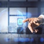 A Majority of Workplace AI Use Is Self-Directed Close up of male hand pointing at abstract glowing AI sphere on blurry office interior background. Artificial intelligence and technology concept. Double exposure