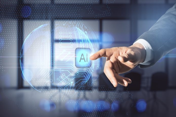 Close up of male hand pointing at abstract glowing AI sphere on blurry office interior background. Artificial intelligence and technology concept. Double exposure